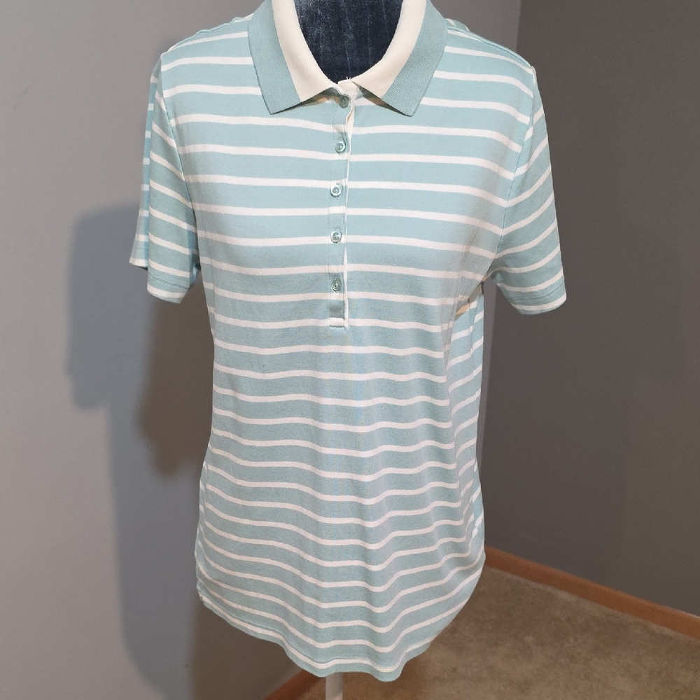 Lands' End Mint and White Striped Button Down Shirt